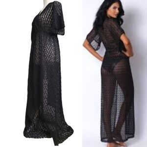 Pitaya Black Lace See  See through Cover-up Maxi Dress With Crisscross V-Neck